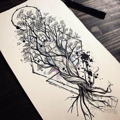 an ink drawing of a tree with lots of roots on it's back side