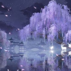 an artistic scene with purple flowers and trees in the background, reflecting water at night