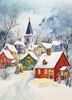 a painting of snow covered houses and a church