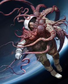 an octopus is floating in the air next to a space station with a man on it's back