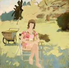 a painting of a woman sitting in a lawn chair