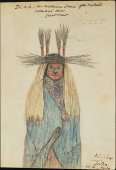 an old drawing of a person with feathers on their head