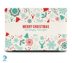 a merry christmas and happy new year greeting card with reindeers, snowflakes, pine cones and holly berries