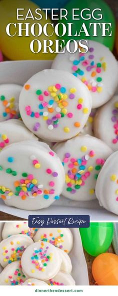 easter egg chocolate oreos with sprinkles in a white bowl and on a plate