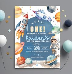 a space themed birthday party with balloons and confetti