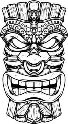 a tiki mask in black and white