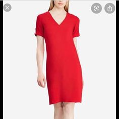 Lauren By Ralph Lauren Women's Dress Red Size14shift V-Neck Cuffed. Color: . Condition Is New With Tags Lined: Yes Sleeve Style: Cap Sleeve Occasion: Any Occasion Style: Shift Dress Look: Spring Dress Length: Knee Length Material: 100% Polyester Zipper: Back Zipper Red Shift V-neck Dress, Red Shift Dress With V-neck, Red V-neck Dress For Spring Formal, Red V-neck Dress For Formal Spring Occasions, Off Shoulder Evening Gown, Ruffle Neck Dress, Floral Ruffle Dress, Midi Dress Formal, Houndstooth Skirt