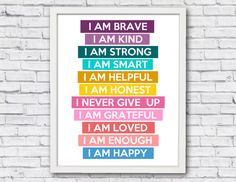 a colorful poster with the words i am brave and i am strong in different colors