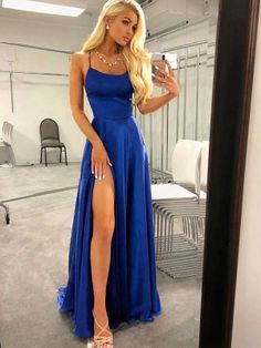 Sheath/Column Ruched Spaghetti Straps Sweep/Brush Train Sleeveless Wedding Dresses at Hebeos Split Prom Dresses, Prom Dresses Elegant, Royal Blue Prom Dresses, Spaghetti Strap Prom Dress, Chique Outfits, Cheap Evening Dresses, A Line Prom Dresses, فستان سهرة, Satin Prom Dress