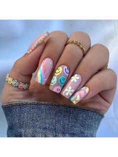 Fake Nails Long, Nagel Tips, Easy Nails, Coffin Press On Nails, Flower Nail Designs, Cute Summer Nails, Really Cute Nails, Round Nails, Stick On Nails