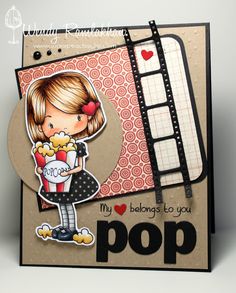 a close up of a greeting card with a girl holding a popcorn pop in her hand