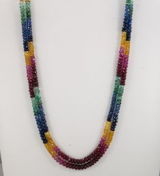 "Adjustable multi rainbow rondelle faceted necklace multi strand 2 layer faceted bead Jewelry Beaded Necklaces Adjustable Sapphire Necklace Product Details : Name : Multi Rainbow BEADED NECKLACE Gemstone Name : Ruby, Emerald, Sapphire Chain Style : BEADED Beads Shape : FACETED Rondelle Beads Size : 5-6 mm Approx. Length : 19\" Inch Approx. Weight : 315 Cts. Customization : **Available** Please Feel Free To Contact If You Have Any Query." Ruby Necklace Designs, Ruby Jewelry Necklaces, Beautiful Diamond Necklace, Gold Mangalsutra Designs, Diamond Necklace Designs, Long Statement Necklace, Beaded Necklace Designs, Mexican Jewelry, Fancy Beads