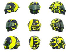 six different views of the helmets worn by motocross riders in their respective colors