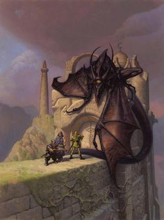 a giant dragon sitting on top of a stone wall next to a man riding a motorcycle