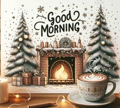 a coffee cup sitting next to a fireplace with christmas decorations on it and the words good morning written in black