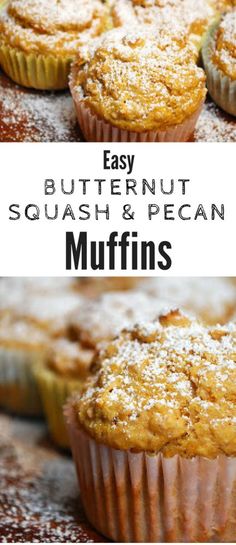 easy butternut squash and pecan muffins with powdered sugar on top