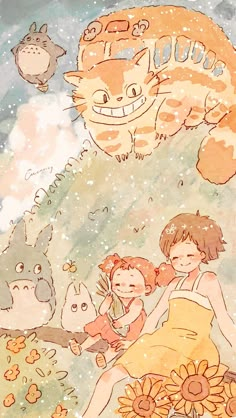 two children are sitting in the grass with an orange cat and other animals behind them