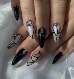 Black And White Nails, Butterfly Nail Designs, Long Nail Designs, Acrylic Press On Nails, Geometric Nail, Black Nail Designs, White Nail, Butterfly Nail, Prom Nails