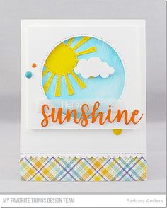 a handmade card with the words hello sunshine written in orange and blue on it