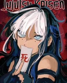 an anime character with white hair and blue eyes holding a piece of paper in her hand