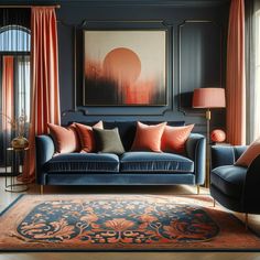 a living room with blue couches, orange curtains and a painting on the wall