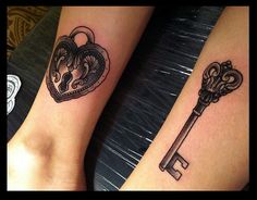 two tattoos with keys on their legs