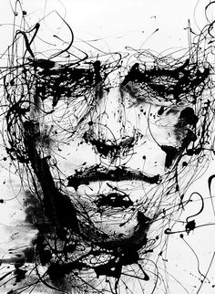 a black and white drawing of a man's face with lots of lines on it