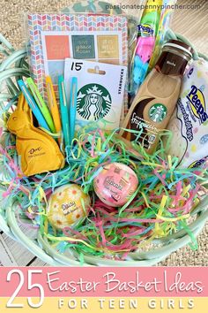 a basket filled with lots of items on top of a table