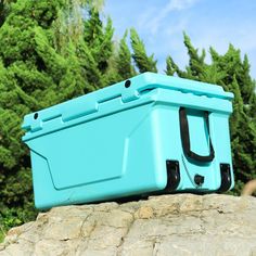 a blue cooler sitting on top of a rock