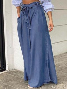 Loose Wide Leg Pockets Solid Color Tied Waist Jean Pants Bottoms LIGHT BLUE-M Long Pants Fashion, Denim Style Casual, High Waisted Wide Leg Jeans, Maxi Pants, Moda Denim, High Waisted Denim Skirt, Denim On Denim, Loose Fabric, Pants Fit