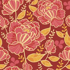 an orange and pink flower pattern on a red background