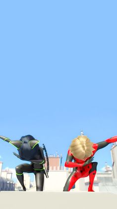 two animated people are standing on top of a building