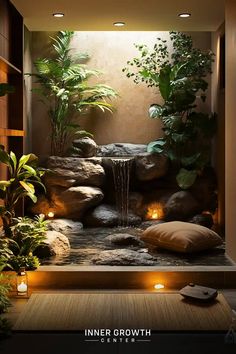 an indoor garden with plants and lights on the floor, in front of a waterfall