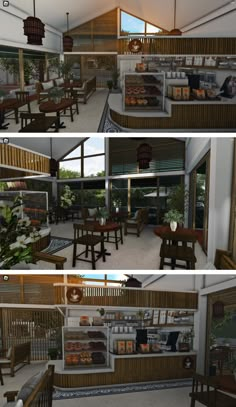 three different views of the inside of a house with wooden furniture and plants in it