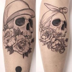 two skulls with hats and roses on their legs