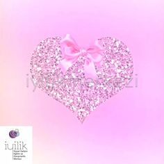 a pink heart with a bow on the side and glitter hearts in the middle, against a light pink background