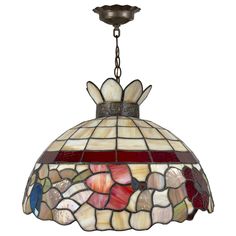 a stained glass light hanging from a ceiling fixture with red and white flowers on it