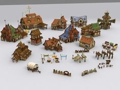 a bunch of small houses and sheep in the middle of a white floored area