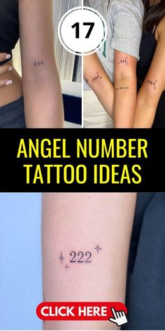 two women with tattoos on their arms and the words angel number tattoo ideas below them