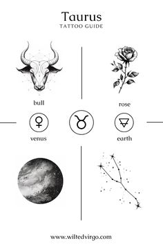 the zodiac signs and their meaningss are shown in black and white, with an image of