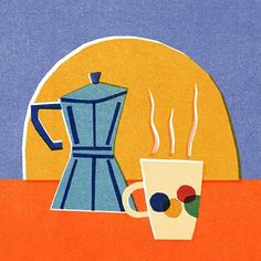 a painting of a coffee pot and cup on a table with the sun in the background