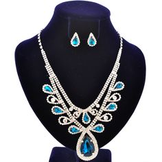 Fashion Jewelry Set Silver Plating Blue Zircon Stone Pear Necklace Earrings Set Blue Crystal Jewelry Sets For Gifts, Turquoise Crystal Jewelry For Party, Blue Crystal Costume Jewelry, Party Turquoise Crystal Jewelry, Beaded Jewelry Necklaces, Fashion Jewelry Sets, Blue Zircon, Necklace Earring Set, Necklace Earrings