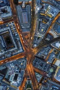 an aerial view of the city at night