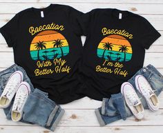 Couples Beach Shirts, Baecation Shirts Ideas, Baecation T Shirts, Black Couples Vacation Outfits, Baecation Black Couples Shirts, Couple Tshirts Funny Vacation, Couples Cruise Shirts, Couples Cruise Shirt, Black Couple Vacations