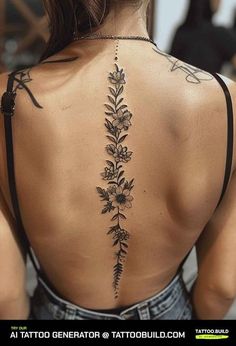 the back of a woman's tattoo with flowers on her upper and lower back