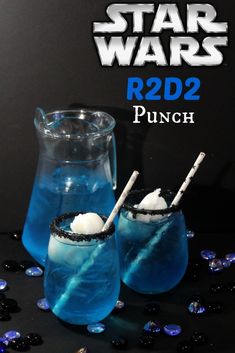 star wars r2d2 punch recipe with blue liquid and whipped cream in glasses