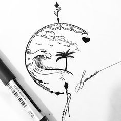 a drawing of a beach ball with palm trees on it and the word love written in cursive writing