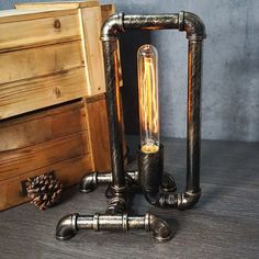 Iron Pipe Art Night Lamp - Industrial Table Light In Bronze For Boys Room / Long Column Lamp Industrial, Art Night, Industrial Table, Iron Pipe, Table Light, Night Lamp, Night Art, Industrial Chic, Night Lamps