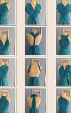 several pictures of the back of a woman's dress with different ways to tie it