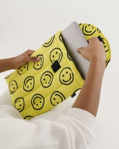 Puffy Laptop Sleeve, Yellow Smiley Face, Microsoft Surface Laptop, Scrap Material, Surface Laptop, Place To Live, Cozy Place, Comfy Cozy, Reusable Bags